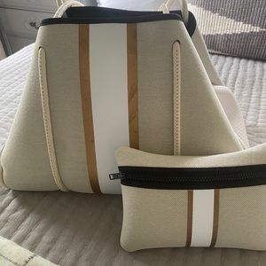 Large Neoprene Tote with zippered pouch/clutch. Beige/white w/gold stripe